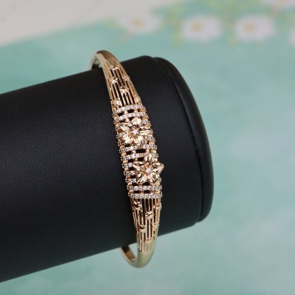 Elegant Rose Gold Bangle with Twin Floral Diamond Accents, XPBL0588 - Picture 5 of 12